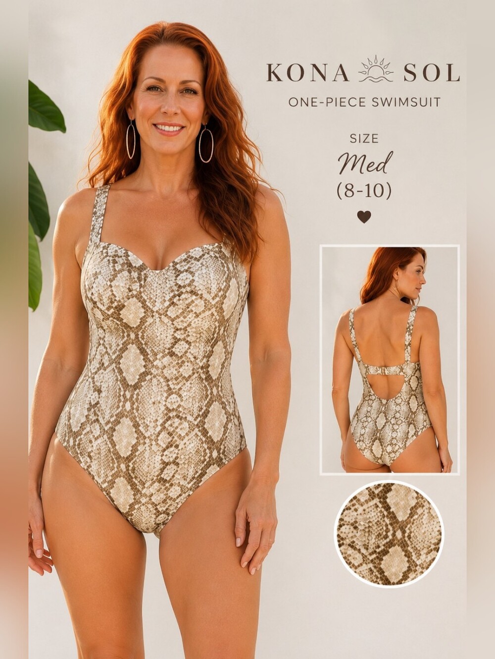 Kona Sol Neutral Snakeskin One-Piece Swimsuit - NWT